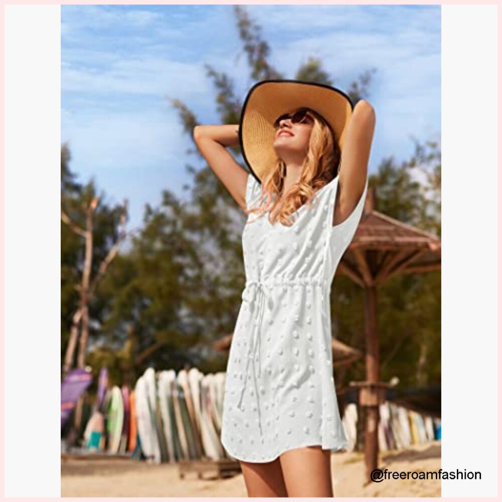 Large Swiss Dot Chiffon Swimsuit Cover Up Pom Pom Beachwear - Picture 3 of 6